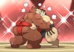  2019 anthro black_nose brown_fur butt duo fur human humanoid_hands male mammal overweight overweight_male sumo sweat takataka teeth ursid 