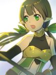  1girl bangs bare_shoulders black_sleeves blue_background blurry blurry_foreground blush breasts brown_gloves character_request collarbone covered_collarbone depth_of_field detached_sleeves eyebrows_visible_through_hair gloves gradient gradient_background green_eyes green_hair green_ribbon gucchiann hair_ornament hair_ribbon highres long_hair long_sleeves looking_away looking_to_the_side low_twintails pointy_ears princess_connect! princess_connect!_re:dive ribbon sleeveless small_breasts solo twintails upper_body v-shaped_eyebrows very_long_hair white_background 