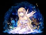 1girl angel_wings bangs birdcage blonde_hair breasts bug butterfly cage cleavage clover commentary_request crystal detached_collar detached_sleeves dress eyebrows_visible_through_hair feathered_wings four-leaf_clover hair_ribbon head_tilt in_water insect kano_(pixiv271651) light_particles long_hair looking_at_viewer medium_breasts mixed-language_commentary night night_sky parted_lips petals pixiv_fantasia pixiv_fantasia_last_saga pointy_ears purple_eyes purple_ribbon ribbon shiny shiny_hair sky solo star_(sky) starry_sky strapless strapless_dress very_long_hair white_dress wings 