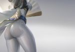  1girl absurdres ass ass_focus black_hair blue_ribbon breasts fan folding_fan highres jacket large_breasts long_hair original out_of_frame pants ribbon shoulder_armor skin_tight sweat tight tight_pants wet wet_clothes white_jacket white_pants youyi_(ww5413203) 