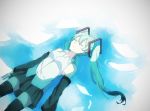  1girl arms_at_sides black_skirt detached_sleeves eiku expressionless eyes_closed floating_hair hatsune_miku highres long_hair paper partially_submerged shirt skirt sleeveless sleeveless_shirt solo submerged thighhighs twintails very_long_hair vocaloid water white_shirt 