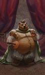  anthro belly belly_overhang big_belly brown_bear brown_fur candy cape chocolate chubby-shark claws clothed clothing costume crown detailed_background food fur halloween hi_res holding_food holding_object holidays male mammal obese obese_male overweight overweight_male solo standing straining_buttons toe_claws ursid ursine 
