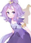  1girl absurdres acerola_(pokemon) animal armlet creatures_(company) deko_isu dress game_freak gen_7_pokemon highres long_hair matching_hair/eyes mimikyu nintendo pokemon pokemon_(creature) pokemon_(game) pokemon_sm purple_eyes purple_hair simple_background smile tied_hair trial_captain white_background 