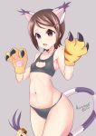  1girl absurdres animal_ears artist_request bare_shoulders black_panties breasts brown_hair cat_ears cat_lingerie cat_tail cleavage_cutout collarbone digimon digimon_adventure fake_animal_ears fake_tail gloves grey_background highres meme_attire navel open_mouth panties paw_gloves paw_pose paws purple_eyes short_hair simple_background small_breasts solo tail underwear underwear_only wide_hips yagami_hikari 
