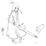 1girl closed_mouth commentary_request dress final_fantasy final_fantasy_tactics knight_(fft) long_hair momigara_(mmgrkmnk) monochrome price_tag ribbon simple_background solo sweater sword weapon white_background 