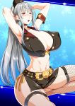  1girl ass bare_shoulders blush breasts cleavage ebido erect_nipples highres huge_breasts long_hair military military_uniform navel open_mouth pantyhose ponytail red_eyes selvaria_bles senjou_no_valkyria senjou_no_valkyria_1 silver_hair solo swimsuit uniform very_long_hair wide_hips 