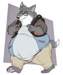  anthro backpack barefoot belly belly_overhang big_belly canid canine canis captainjusticevirtsuoso clothed clothing eyewear fur glasses grey_fur hi_res male mammal moobs open_jacket overweight overweight_male solo walking white_fur wolf 