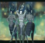  arthropod big_breasts black_eyes breasts butt digital_media_(artwork) featureless female group hollow_knight insect insect_abdomen invalid_background mantis mantis_lord melee_weapon nipples non-mammal_breasts nude pussy vuko-jebina weapon 
