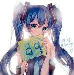  1girl 39 2017 absurdres backlighting bare_shoulders blue_eyes blue_hair blue_neckwear character_name dated detached_sleeves expressionless grey_shirt hatsune_miku heart highres holding holding_sign long_hair looking_away neckwear number shirt sign simple_background solo standing twintails ume_neko_(otaku-nyanko) upper_body very_long_hair vocaloid white_background 