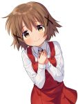  1girl brown_eyes brown_hair commentary_request hair_between_eyes hair_ornament hands_on_own_chest hidamari_sketch looking_at_viewer sayshownen school_uniform shirt short_hair simple_background smile solo twitter_username white_background white_shirt x_hair_ornament yuno 