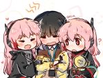  3girls black_hair blush chibi eyebrows_visible_through_hair eyes_closed girl_sandwich girls_frontline headset m4_sopmod_ii_(girls_frontline) mod3_(girls_frontline) multiple_girls pink_hair plug_(feng-yushu) red_eyes ro635_(dinergate) ro635_(girls_frontline) sandwiched time_paradox 