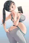  1girl ass ass_cutout bangs bare_arms bare_shoulders black_hair blush breasts brown_eyes butt_crack cellphone commentary_request dimples_of_venus erect_nipples fingernails gradient gradient_background hand_on_own_ass highres holding karasuma_yayoi large_breasts lips long_hair looking_at_viewer looking_back midriff original pants parted_lips phone pregnant shiny shiny_clothes shiny_hair shiny_skin simple_background skin_tight solo spandex third-party_edit 