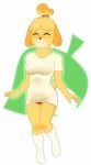  2019 absurd_res animal_crossing anthro biped black_nose blush breasts buffbumblebee canid canine canis clothed clothing digital_drawing_(artwork) digital_media_(artwork) domestic_dog eyelashes eyes_closed female front_view fur hair hi_res isabelle_(animal_crossing) legwear mammal multicolored_fur nintendo panties shih_tzu shirt simple_background smile socks solo standing tan_fur thick_thighs underwear video_games yellow_fur 
