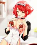  1girl alternate_costume apron bangs blurry breasts chocolate chocolate_covered chocolate_on_body collar commentary commentary_request english_commentary esther eyebrows_visible_through_hair hair_ornament headpiece homura_(xenoblade_2) indoors kitchen large_breasts looking_at_viewer maid maid_apron maid_dress maid_headdress nintendo nude open_mouth red_eyes red_hair short_hair solo swept_bangs tiara xenoblade_(series) xenoblade_2 