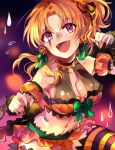  1girl :d bare_shoulders blonde_hair bow breasts cleavage cross-laced_clothes detached_sleeves earrings eyebrows_visible_through_hair fangs fingernails furrowed_eyebrows green_bow hair_intakes halloween halloween_costume idolmaster idolmaster_cinderella_girls jack-o&#039;-lantern jack-o&#039;-lantern_earrings jewelry kakitsubata_zero kiryuu_tsukasa_(idolmaster) long_hair looking_at_viewer medium_breasts microskirt nail_polish navel open_mouth orange_nails orange_skirt puffy_short_sleeves puffy_sleeves purple_eyes short_sleeves skirt smile solo striped striped_legwear thighhighs zettai_ryouiki 