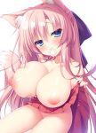  1girl animal_ear_fluff animal_ears bangs black_bow blue_eyes blush bottomless bow breast_grab breasts cleavage commentary_request condom condom_in_mouth condom_wrapper fox_ears fox_girl fox_tail grabbing grabbing_own_breast hair_bow head_tilt highres large_breasts lifted_by_self looking_at_viewer mouth_hold navel nipples original pink_hair pleated_skirt red_skirt simple_background sitting skindentation skirt skirt_lift solo tail tied_hair topless white_background yatanukikey 