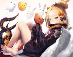  1girl abigail_williams_(fate/grand_order) artist_request balloon bandaid_on_forehead bangs barefoot black_bow black_jacket blonde_hair blue_eyes bow closed_mouth crossed_bandaids fate/grand_order fate_(series) feet forehead fou_(fate/grand_order) hair_bow hair_bun heroic_spirit_traveling_outfit highres holding holding_stuffed_animal jacket knees_up leaning_back legs long_hair long_sleeves looking_at_viewer medjed nitocris_(fate/grand_order) nitocris_(swimsuit_assassin)_(fate) orange_bow parted_bangs pillow polka_dot polka_dot_bow simple_background sitting sleeves_past_fingers sleeves_past_wrists smile solo stuffed_animal stuffed_toy teddy_bear tentacle thighs white_background 