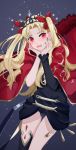  1girl asymmetrical_legwear asymmetrical_sleeves black_legwear black_leotard black_nails black_sleeves blonde_hair blush bow cape detached_sleeves diadem ereshkigal_(fate/grand_order) fate/grand_order fate_(series) fur_cape gina_61324 grey_background hair_bow leotard long_hair long_sleeves looking_at_viewer nail_polish open_mouth red_bow red_cape red_eyes single_sleeve single_thighhigh solo standing star starry_background thighhighs twintails very_long_hair wavy_mouth 