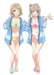  2girls :d ;d bikini bow breasts brown_eyes brown_hair cleavage collarbone full_body green_bikini hair_bow haori japanese_clothes koizumi_hanayo long_hair looking_at_viewer love_live! love_live!_school_idol_project medium_breasts minami_kotori multiple_girls navel one_eye_closed open_mouth outstretched_arm pink_bikini pink_bow purple_eyes short_hair side_ponytail silver_hair simple_background smile standing swimsuit tetopetesone thigh_strap white_background 
