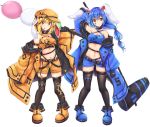  2girls absurdres akiteru98 alternate_costume alternate_hairstyle animal_ears arm_up armband bandeau bangs bare_shoulders belt black_belt black_collar black_gloves black_legwear blonde_hair blue_coat blue_footwear blue_hair blue_shorts boots breasts bunny_ears cleavage coat collar commentary_request crescent_print criss-cross_halter dango eyebrows_visible_through_hair facial_mark flat_cap food full_body gloves hair_between_eyes halterneck hand_up hat highres holding holding_food holding_mallet kine long_hair long_sleeves looking_at_viewer low-tied_long_hair medium_breasts midriff mouth_hold multiple_girls navel off_shoulder open_clothes open_coat orange_coat orange_footwear orange_headwear orange_shorts parted_lips red_eyes ringo_(touhou) seiran_(touhou) short_hair short_shorts shorts sidelocks simple_background skindentation smile standing star star_print stomach thigh_strap thighhighs thighs touhou wagashi white_background wide_sleeves 