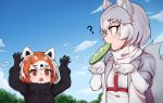  2girls ? animal_ears black_bow black_gloves blue_sky bow day dog_(mixed_breed)_(kemono_friends) dog_ears dog_tail flying_sweatdrops frisbee fur_collar gloves grey_hair japari_symbol kemono_friends lesser_panda_(kemono_friends) long_sleeves multicolored_hair multiple_girls nyifu orange_hair outdoors panda_ears paw_pose short_hair sky tail white_hair yellow_eyes 