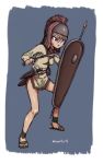  1girl bare_legs blonde_hair full_body helmet holding holding_shield holding_weapon javelin knife kukri muutya original purple_eyes sandals scabbard sheath sheathed shield signature simple_background solo weapon 