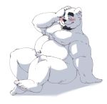  2019 anthro belly blue_eyes blush butt cute_fangs hi_res humanoid_hands jumperbear male mammal moobs overweight overweight_male sitting solo ursid 