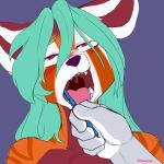  ailurid anthro blush disembodied_hand female hair hi_res keishinkae mammal open_mouth pen red_panda simple_background solo_focus tongue tongue_out 