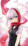  1girl :d admiral_graf_spee_(azur_lane) azur_lane bangs black_cat blue_eyes blurry blurry_background breasts cardigan cardigan_vest cat cherry_blossoms commentary_request depth_of_field dress_shirt eyebrows_visible_through_hair flower hair_between_eyes hand_up head_tilt highres looking_at_viewer multicolored_hair open_mouth oshishio petals pink_flower red_hair red_scarf scarf shirt short_sleeves silver_hair small_breasts smile solo streaked_hair tree_branch upper_body white_shirt 