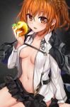 1girl apple black_jacket black_skirt blush breasts chaldea_uniform collarbone commentary_request dark_background eyebrows_visible_through_hair fate/grand_order fate_(series) food fruit fujimaru_ritsuka_(female) golden_apple hair_ornament hair_scrunchie holding holding_food holding_fruit jacket looking_at_viewer medium_breasts miniskirt navel one_side_up open_clothes open_jacket orange_eyes orange_hair orange_scrunchie scrunchie shuutou_haruka side_ponytail skirt 