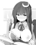  1girl blush book bookshelf breasts censored chair commentary_request crescent crescent_hair_ornament dress dress_pull eyebrows_visible_through_hair greyscale hair_ornament holding holding_book kamukamu_(ars) large_breasts long_hair monochrome neck_ribbon no_hat no_headwear one_breast_out patchouli_knowledge ribbon sidelocks sitting solo striped touhou uncensored upper_body vertical-striped_dress vertical_stripes wing_collar 