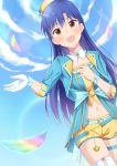 1girl :d blue_hair blue_sky blush brown_eyes cloud detached_collar dutch_angle feathers gloves hat highres idolmaster idolmaster_(classic) kisaragi_chihaya lens_flare long_hair long_sleeves midriff navel open_mouth short_shorts shorts sky smile solo standing stomach tktk135 very_long_hair white_gloves yellow_shorts 