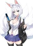  1girl animal_ears azur_lane bangs blue_eyes breasts cardigan cellphone cleavage collared_shirt eyebrows_visible_through_hair eyeshadow flip_phone fox_ears fox_tail highres kaga_(azur_lane) large_breasts looking_at_viewer luse_maonang makeup multiple_tails parted_lips phone pleated_skirt shirt short_hair skirt smile solo standing tail thighhighs tote_bag white_hair zettai_ryouiki 