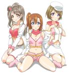  3girls asymmetrical_shorts belt blue_eyes blush boots bow breasts brown_eyes brown_hair cleavage eyebrows_visible_through_hair full_body hair_between_eyes hair_bow hair_ornament jacket jewelry kneeling koizumi_hanayo kousaka_honoka long_hair long_sleeves looking_at_viewer love_live! love_live!_school_idol_project medium_breasts midriff minami_kotori miniskirt multiple_girls navel necklace open_clothes open_jacket open_mouth panties panty_peek pencil_skirt pink_bow pink_footwear pink_scarf pink_shorts purple_eyes scarf short_hair short_shorts shorts side_ponytail simple_background sitting skirt sleeve stomach tetopetesone underwear wariza white_background white_jacket white_shorts white_skirt 