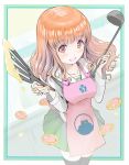  1girl anglerfish apron bangs black_legwear blouse blunt_bangs blurry blurry_background border cowboy_shot emblem eyebrows_visible_through_hair foreshortening girls_und_panzer green_border heart holding holding_ladle holding_spatula japanese_tankery_league_(emblem) ladle light_blush long_hair long_sleeves looking_at_viewer miniskirt ooarai_(emblem) ooarai_school_uniform open_mouth orange_eyes orange_hair outside_border pink_apron pleated_skirt print_apron school_uniform serafuku skirt smile solo spatula standing takebe_saori thighhighs white_blouse yurikuta_tsukumi 