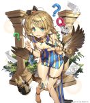  1girl :d ? ahoge ankh aqua_eyes bare_legs bare_shoulders black_bow blonde_hair blush bow breasts collar creature dress feathered_wings grass hair_bow hair_ornament hand_up hieroglyphics holding holding_pen index_finger_raised jewelry leaning_forward long_hair looking_at_viewer notebook official_art open_mouth paper pelvic_curtain pen pillar ring sandals side_ponytail side_slit small_breasts smile solo striped striped_dress tail thigh_strap thighs uchi_no_hime-sama_ga_ichiban_kawaii v-shaped_eyebrows watermark whoisshe wings 