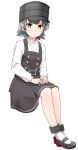  1girl arare_(kantai_collection) black_dress black_hair brown_eyes dress full_body hands_on_lap hat highres invisible_chair kantai_collection kirigakure_(kirigakure_tantei_jimusho) long_sleeves looking_at_viewer pinafore_dress remodel_(kantai_collection) rudder_footwear school_uniform shirt short_hair simple_background sitting socks solo white_background white_legwear white_shirt 