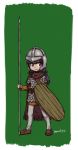  1girl black_hair cape full_body helmet holding holding_shield holding_spear holding_weapon muutya original polearm purple_eyes scale_armor shield signature simple_background solo spear twintails weapon 