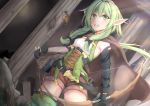  1girl arrow belt black_belt black_bow black_gloves blush bow bow_(weapon) breasts brown_cape brown_shorts cape commentary_request detached_sleeves elf eyebrows_visible_through_hair gloves goblin_slayer! green_eyes green_hair green_legwear hair_between_eyes hair_bow hair_ornament high_elf_archer_(goblin_slayer!) highres holding holding_arrow holding_bow_(weapon) holding_weapon long_hair looking_at_viewer mia_(kuja999) mismatched_sleeves open_mouth pointy_ears shorts sidelocks small_breasts solo thighhighs upper_teeth weapon 