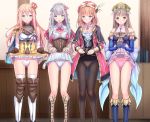  4girls aqua_eyes atelier_(series) atelier_lulua atelier_meruru atelier_rorona atelier_totori back_bow black_capelet black_gloves black_legwear blonde_hair blue_bow blue_eyes blue_footwear blue_gloves boots bow bowtie brown_eyes brown_hair brown_legwear capelet corset crown daiaru elbow_gloves elmerulia_fryxell epaulettes gloves grey_hair hair_ornament hairband hat heart heart_hair_ornament jacket knee_boots lifted_by_self long_hair looking_at_viewer merurulince_rede_arls mini_crown mother_and_daughter multiple_girls panties panties_under_pantyhose pantyhose pink_bow pink_panties red_jacket rororina_fryxell short_hair skirt skirt_lift standing thighhighs totooria_helmold underwear white_panties white_skirt 