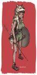  1girl bare_legs dark_skin full_body helmet holding_shield javelin muutya original sandals scabbard sheath sheathed shield signature simple_background solo wolf_pelt 