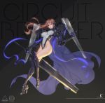  1girl artist_name bangs black_eyes bodysuit breasts brown_hair cloak eyebrows_visible_through_hair from_below highres large_breasts leotard lips long_hair looking_at_viewer love_cacao mecha_musume mechanical_arm mechanical_legs open_mouth original prosthesis shield solo sword thighs weapon 