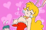  akane_(parodius) blonde_hair breasts bunny_ears bunnysuit earrings enjoying eyes_closed heart heart_background hikaru_(parodius) konami minus8 nipples parodius pink_background sparkle sparkles sweat unimpressed video_games 