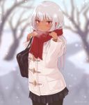  1girl :o bag bare_tree black_legwear black_skirt breath brown_sweater coat dark_skin day eyebrows_visible_through_hair highres komiya_nigi long_hair long_sleeves looking_at_viewer miniskirt original outdoors pantyhose parted_lips pleated_skirt red_eyes red_scarf ribbed_sweater scarf school_bag silver_hair skirt snow snowing solo sweater tan tree tsurime twitter_username white_coat winter winter_clothes winter_coat 