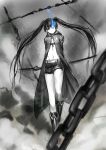  1girl absurdres arms_behind_back belt black_bikini_top black_cape black_footwear black_hair black_rock_shooter black_rock_shooter_(character) black_shorts blue_eyes burning_eye cape chains dsknight flat_chest floating_hair front-tie_bikini front-tie_top hair_between_eyes head_tilt highres holding holding_sword holding_weapon hood hood_down hooded_coat limited_palette long_hair looking_at_viewer midriff navel short_shorts shorts solo standing star star_print stomach sword twintails very_long_hair weapon 