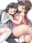  2girls :d all_fours arashio_(kantai_collection) asashio_(kantai_collection) ass black_hair black_legwear blue_eyes blush breasts brown_hair cameltoe closed_mouth dutch_angle ebifurya eyebrows_visible_through_hair gradient_hair hand_holding highres interlocked_fingers kantai_collection lingerie long_hair lying multicolored_hair multiple_girls navel negligee on_back open_mouth panties sideboob simple_background small_breasts smile strap_slip string_panties thighhighs underwear underwear_only white_background white_legwear white_panties yellow_eyes yuri 