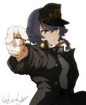  1girl black_hair braid bukkuri cosplay dated gakuran girls_und_panzer hat jojo_no_kimyou_na_bouken jojo_pose kuujou_joutarou kuujou_joutarou_(cosplay) looking_at_viewer pepperoni_(girls_und_panzer) pointing pose school_uniform short_hair signature solo stardust_crusaders white_background yellow_eyes 