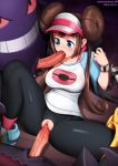  1girl anus ass blue_eyes blush bottomless breasts brown_hair clitoris creatures_(company) curvy game_freak hat hetero looking_away lying medium_breasts navel neocoill nintendo nipples penis pokemon pussy shiny shiny_skin shirt spread_legs stockings sweat teeth thick_thighs thighs uncensored 