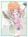  1girl anglerfish apron bangs black_legwear blouse blunt_bangs blurry blurry_background border commentary cowboy_shot emblem eyebrows_visible_through_hair foreshortening girls_und_panzer glasses green_border heart holding holding_ladle holding_spatula japanese_tankery_league_(emblem) ladle light_blush long_hair long_sleeves looking_at_viewer miniskirt ooarai_(emblem) ooarai_school_uniform open_mouth orange_eyes orange_hair outside_border pink_apron pleated_skirt print_apron red-framed_eyewear school_uniform semi-rimless_eyewear serafuku skirt smile solo spatula standing takebe_saori thighhighs under-rim_eyewear white_blouse yurikuta_tsukumi 