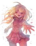  1girl ahoge akamatsu_kaede blonde_hair commentary_request crying danganronpa eyes_closed highres long_hair long_sleeves manino_(mofuritaionaka) musical_note musical_note_hair_ornament musical_note_print new_danganronpa_v3 open_mouth outstretched_arm petals pleated_skirt print_skirt reaching_out shirt signature skirt smile solo staff_(music) sweater_vest tears white_background white_shirt 